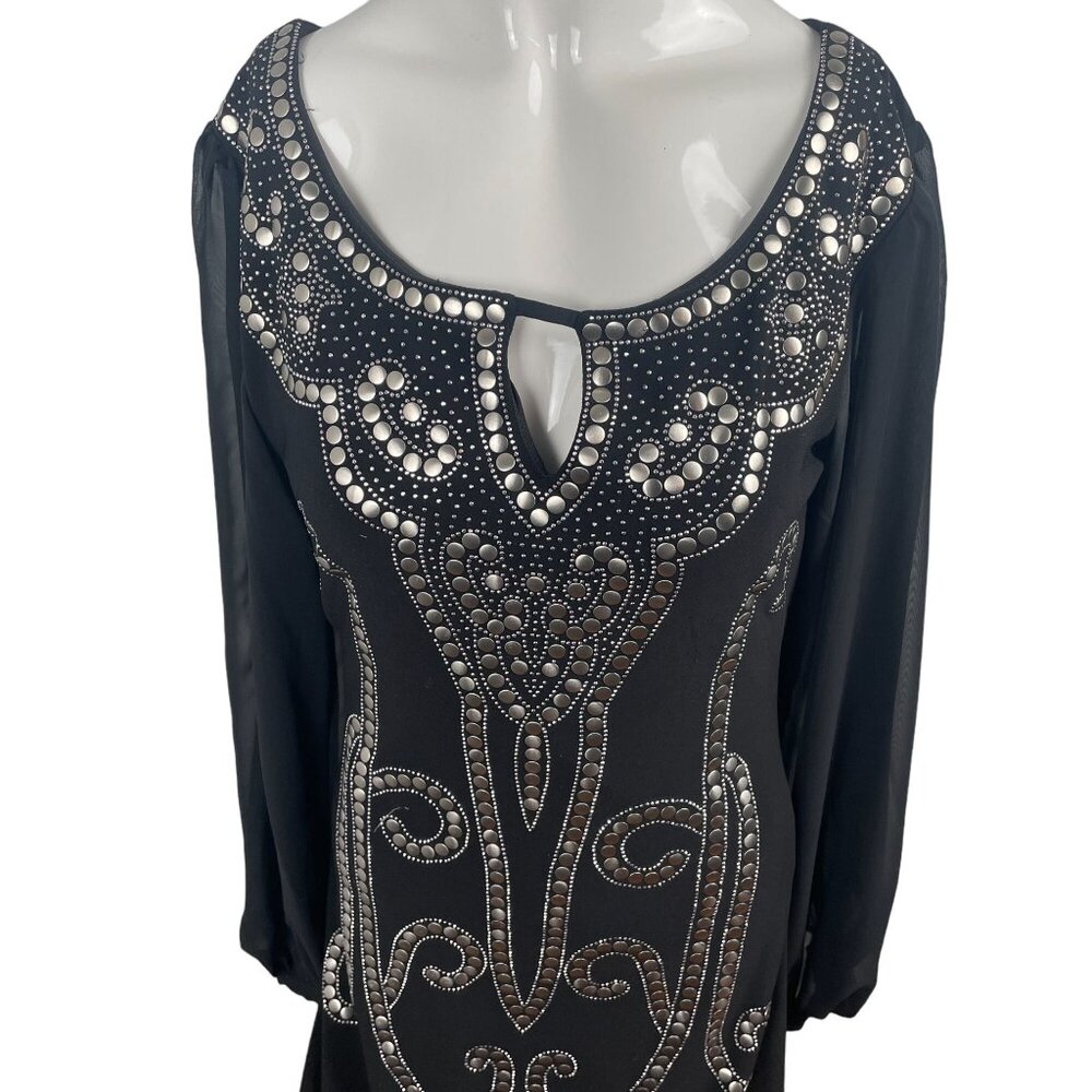 Black Long Flowy Cut Out Sleeve Embellished Tunic Mini Dress Studded Bling  SZ 4